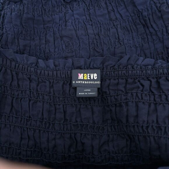 Anthropologie Maeve Smocked Top Large Navy Searsucker Windowpane Balloon Sleeve - Picture 3 of 11